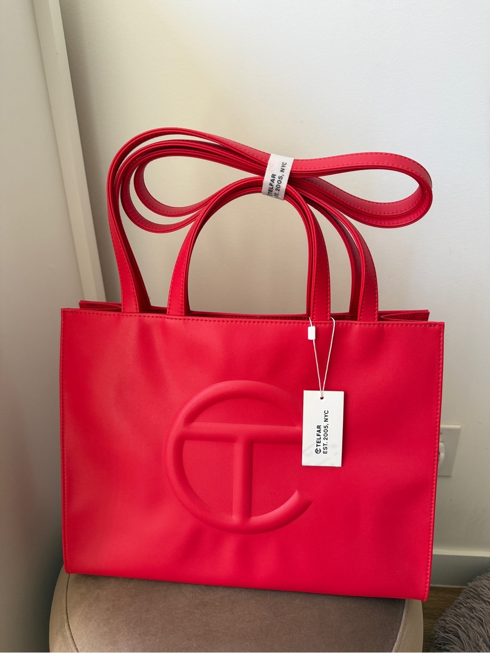Telfar Bright Red Shopping Tote with Embossed Logo - Picture 2 of 5
